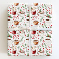Watercolor Mug Candy Cane Gift Wrap, Hot Cocoa Christmas Wrapping Paper, Comfy Winter Holiday Wrapping Paper, Festive Gift Wrap Roll