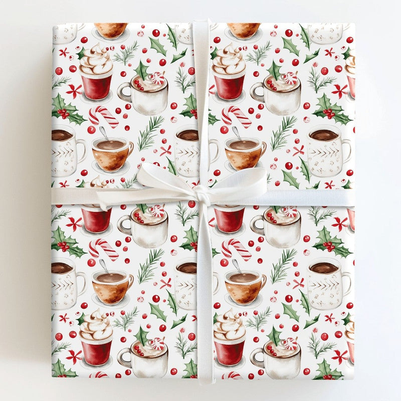 Watercolor Mug Candy Cane Gift Wrap, Hot Cocoa Christmas Wrapping Paper, Comfy Winter Holiday Wrapping Paper, Festive Gift Wrap Roll