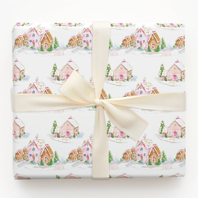 Watercolor Christmas Village Wrapping Paper, Pink Gingerbread House Gift Wrap, Sweet Holiday Village Gift Wrapping Paper, Adorable Present Wrap
