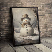 Rustic Winter Forest Painting, Vintage Snowman Wall Art Canvas, Christmas Wall Decor, Holiday Season Canvas Print, Seasonal Home Present