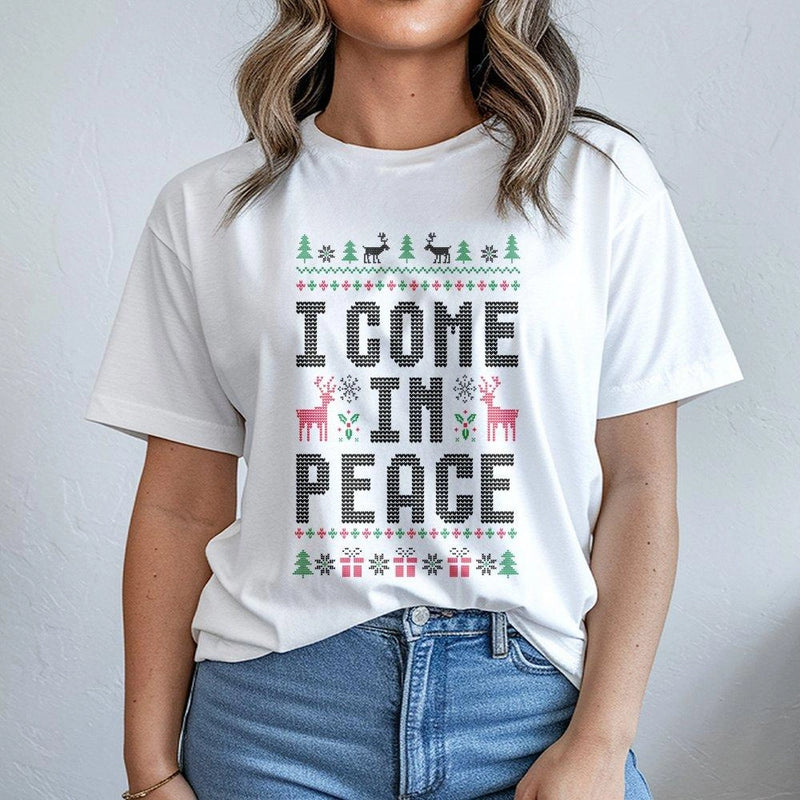 Humorous Ugly Sweater Graphic Tee, I Come in Peace Christmas T-Shirt, Quirky Xmas Holiday Shirt, Humorous Alien Christmas T-Shirt, Holiday Present