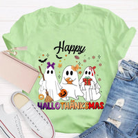 Adorable Three Ghosts Holiday Tee, Happy Hallothankmas T-Shirt, Halloween Thanksgiving Christmas Shirt, Humorous Ghost Graphic T-Shirt