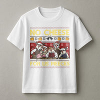 Humorous Christmas Mouse Shirt, No Cheese for Us Meeces T-Shirt, Retro Cartoon Holiday Graphic Tee, Adorable Vintage Mouse Lover Xmas T-Shirt