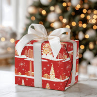 Red Gold Christmas Gift Wrap, Retro Winter Cityscape Wrapping Paper, Holiday City Scene Wrapping Paper, Festive Present Gift Wrap Roll