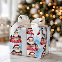 Adorable Christmas Santa Gift Wrap, Nordic Sweater Santa Wrapping Paper, Winter Holiday Wrapping Paper Roll, Snowy Blue Xmas Wrapping Paper
