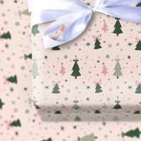 Whimsical Holiday Tree Gift Wrap, Pink and Green Christmas Wrapping Paper, Bows Stars Wrapping Paper, Pastel Xmas Gift Wrapping Paper