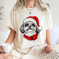 Dog in Santa Hat Scarf Shirt, Shih Tzu Christmas T-Shirt, Adorable Festive Holiday Puppy Graphic Tee, Shih Tzu Dog Lover Christmas Present