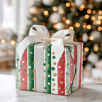 Watercolor Red Green Gift Wrap, Striped Christmas Wrapping Paper, Polka Dot Wrapping Paper, Classic Holiday Gift Wrap, Xmas Present Roll