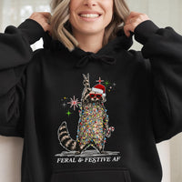 Tangled Christmas Lights Sweatshirt, Feral and Festive Raccoon Hoodie, Humorous Trash Panda Xmas Hoodie, Ugly Holiday Sweatshirt Pullover