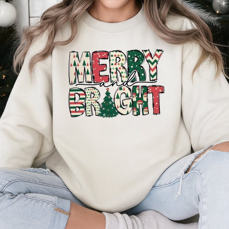 Retro Christmas Sweatshirt, Merry and Bright Sweatshirt, Vintage Christmas Holiday Crewneck, Adorable Merry and Bright Xmas Sweater Present
