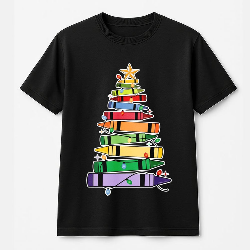 Art Teacher Holiday Tee, Crayon Christmas Tree Teacher T-Shirt, Festive School Season Graphic Shirt, Adorable Elementary Educator Present Tee