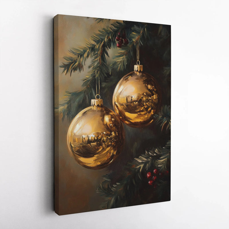 Golden Christmas Ornaments Digital Wall Art | Vintage Pine Branch Oil Painting Style | High-Quality Printable Artwork | Elegant Holiday Home Decor Present