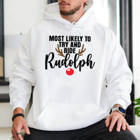 Humorous Christmas Party Hooded Sweatshirt, Most Likely to Ride Rudolph Hoodie, Matching Holiday Graphic Pullover, Xmas Reindeer Winter Hoodie