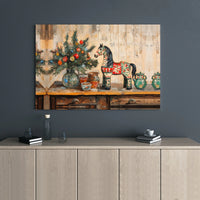 Vintage Folk Art Holiday Canvas Wall Art, Dala Horse Christmas Canvas Print, Scandinavian Seasonal Canvas, Winter Still Life Wall Art Present