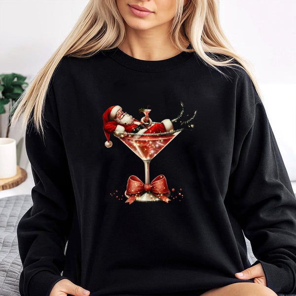 Holiday Cocktail Graphic Crewneck, Christmas Santa Martini Sweatshirt, Humorous Xmas Party Pullover Sweater, Retro Santa Fest