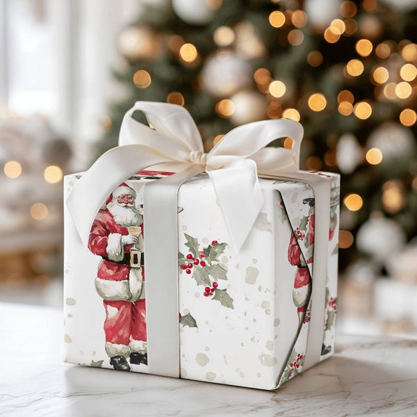 Santa Champagne Coupe Gift Wrap, Champagne Santa Wrapping Paper, Watercolor Holly Berry Wrapping Paper, Elegant Christmas Wra