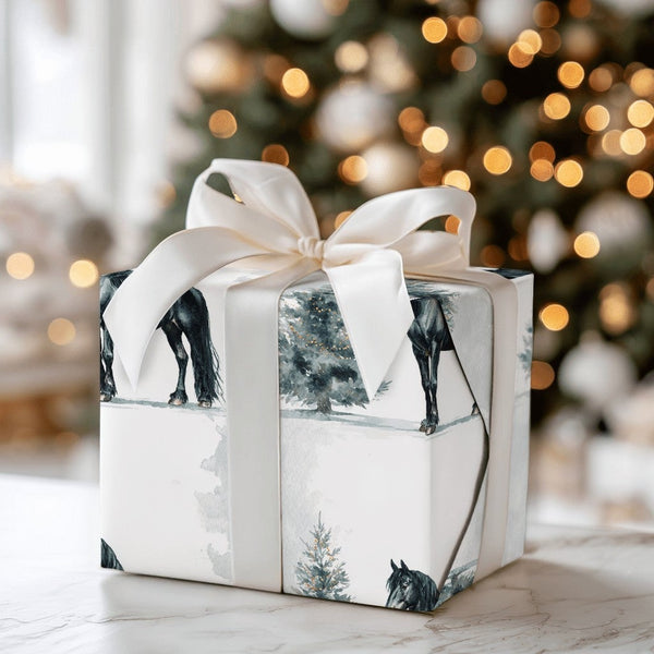 Watercolor Winter Horse Gift Wrap, Friesian Horse Christmas Wrapping Paper, Equestrian Holiday Wrapping Paper, Black Horse Wr