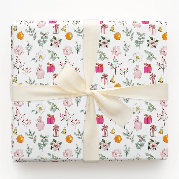 Watercolor Poinsettia and Floral Gift Wrap, Pink Christmas Wrapping Paper, Winter Botanical Gift Wrapping Paper