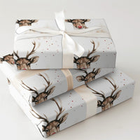 Watercolor Reindeer Gift Wrap, Red Nosed Reindeer Wrapping Paper, Festive Holiday Reindeer Paper Roll, Adorable Christmas Gift Wrapping Paper