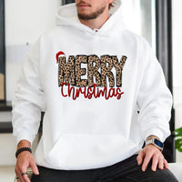 Festive Santa Hat Holiday Hoodie, Merry Christmas Leopard Print Hoodie, Adorable Animal Print Hooded Sweatshirt, Comfy Winter Loungewear Present