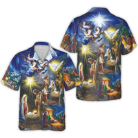 Religious Christmas Aloha Shirt, Nativity Scene Hawaiian Shirt, Birth of Jesus Button Up Shirt, Christian Holiday Beach Shirt, Faith Present
