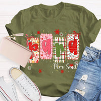 Custom Name Holiday Graphic Tee, Personalized Color Block Christmas T-Shirt, Matching Family Xmas Shirt, Festive Present Top