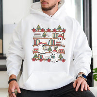 Adorable Spooky Bookish Holiday Hooded Sweatshirt, Christmas Ghost Bookshelf Hoodie, Reading Ghost Library Pullover, Book Lover Comfy Sweater