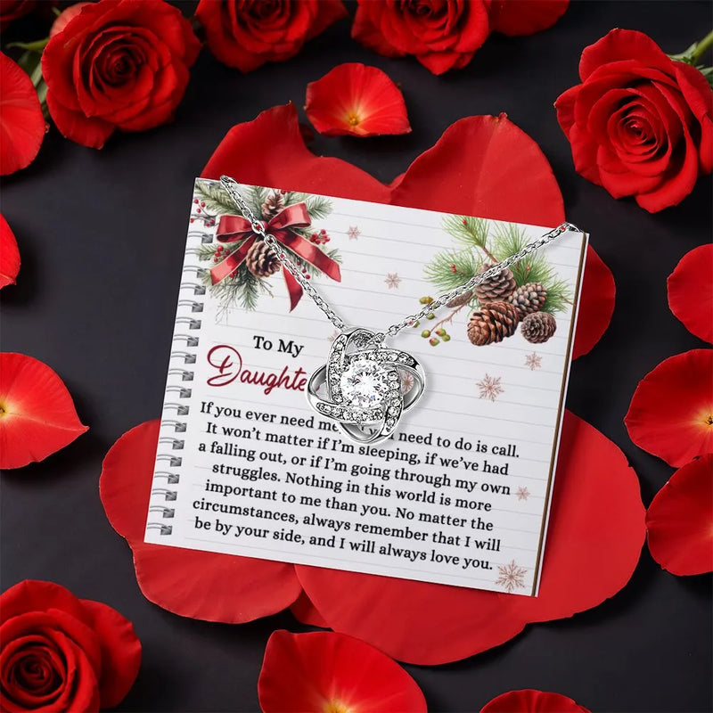Rotating Rose Gift Box, Daughter Love Knot Necklace, White or Yellow Gold Knot Pendant, Meaningful Birthday Christmas Present for Daughter