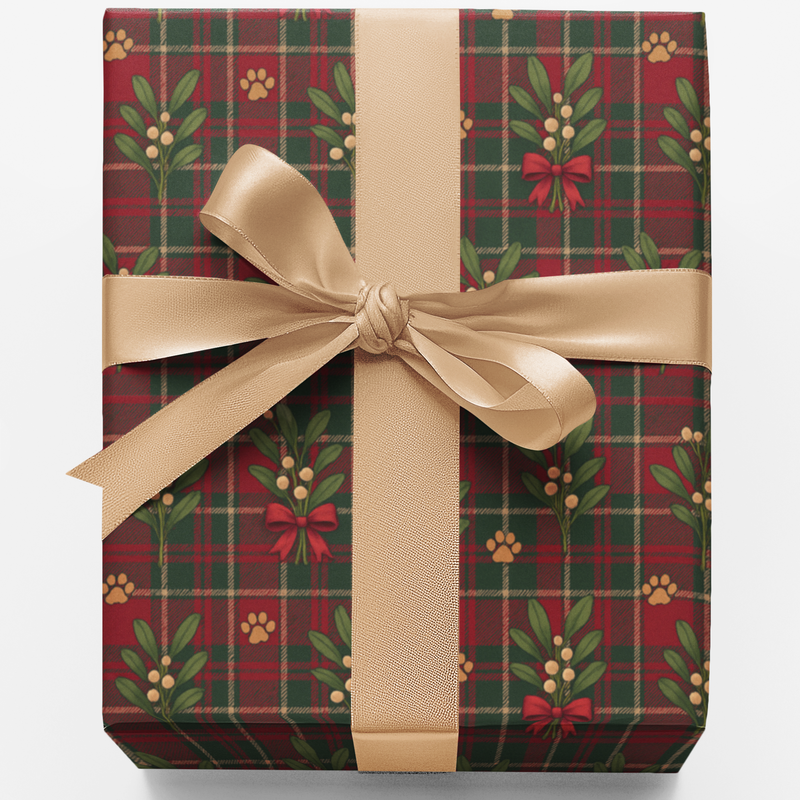 Dog Paw Print Wrapping Paper, Pawliday Plaid Gift Wrap Paper, Holiday Pet Lover Gift Wrap, Festive Dog Lover Christmas Wrapping Paper Roll