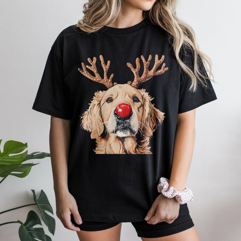 Reindeer Antlers Dog Shirt, Golden Retriever Christmas T-Shirt, Adorable Holiday Pup Graphic Tee, Humorous Animal Lover Xmas T-Shirt, Dog Mom Present