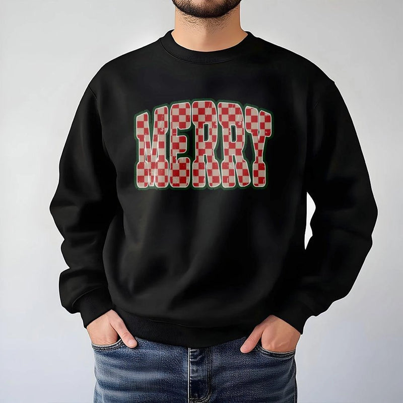 Retro Checkered Holiday Crewneck, Merry Christmas Sweatshirt, Vintage Christmas Sweater, Festive Winter Pullover, Family Holiday Present