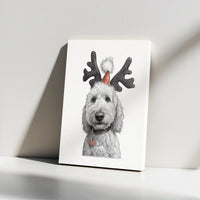 Pencil Sketch Dog Canvas Print, Goldendoodle Christmas Canvas Wall Art, Festive Reindeer Pet Wall Decor, Dog Lover Holiday Canvas Art Present
