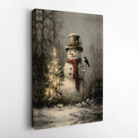 Christmas Tree and Bird Painting, Vintage Rustic Snowman Canvas Wall Art, Winter Holiday Snowman Decor, Vintage Snowman Canvas Art