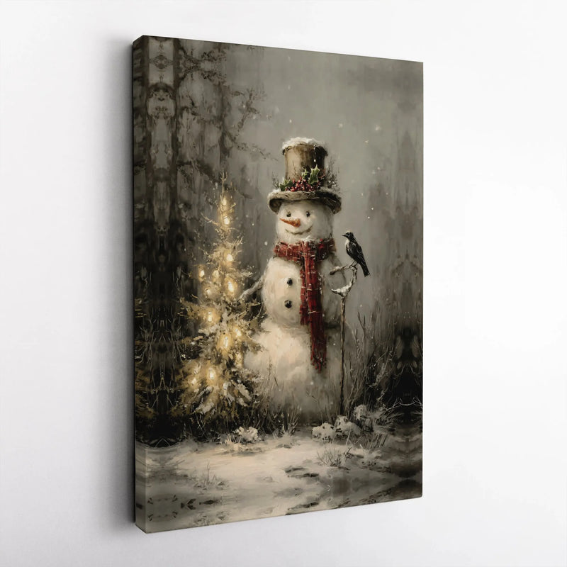 Christmas Tree and Bird Painting, Vintage Rustic Snowman Canvas Wall Art, Winter Holiday Snowman Decor, Vintage Snowman Canvas Art