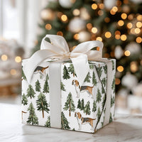 Watercolor Dog Gift Wrap, Beagle Wrapping Paper, Pine Tree Holiday Wrapping Paper, Woodland Puppy Present Paper, Dog Lover Christmas Gift Wrap