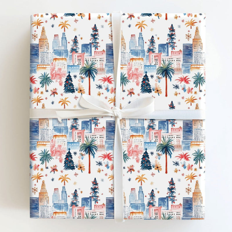 Palm Tree Cityscape Gift Wrap, Tropical Christmas City Skyline Wrapping Paper, Urban Winter Wrapping Paper, Festive Holiday Gift Wrap Roll