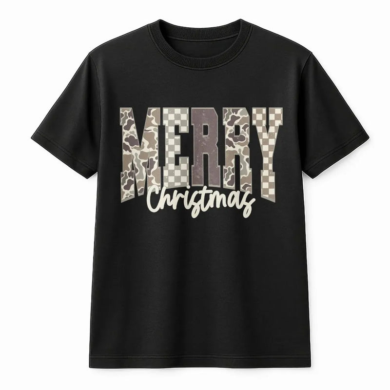 Distressed Camouflage Shirt, Merry Christmas Camo T-Shirt, Rustic Hunting Graphic Tee, Holiday Outdoorsman T-Shirt, Hunter Christmas Present