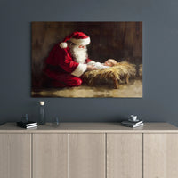 Nativity Canvas Wall Art, Santa Kneeling Before Jesus Canvas, Christian Christmas Canvas Print, Religious Faith Holiday Home Decor