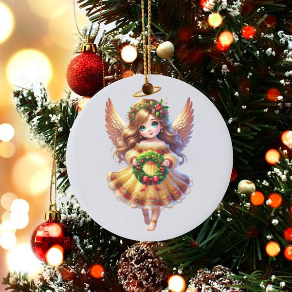 Ceramic Angel Holiday Ornament, Adorable Angel Wreath Christmas Ornament, Wreath Angel Tree Ornament, Festive Ceramic Keepsak