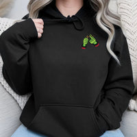 Humorous Stoner Christmas Graphic Hoodie, Green Monster Hands Hoodie, Spooky Holiday Pullover Hoodie, Retro Weed Streetwear Hooded Sweatshirt