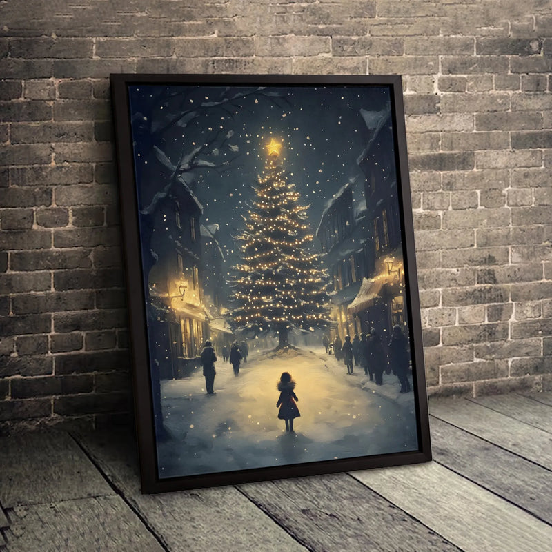 Winter Tree Landscape Christmas Poster, Christmas Village Snowy Night Wall Art, Festive Holiday Home Decor, Digital Download Print