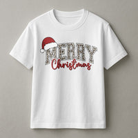 Santa Hat Plaid Holiday Graphic Tee, Merry Christmas Leopard Print T-Shirt, Festive Xmas Graphic T-Shirt, Adorable Womens Holiday Top