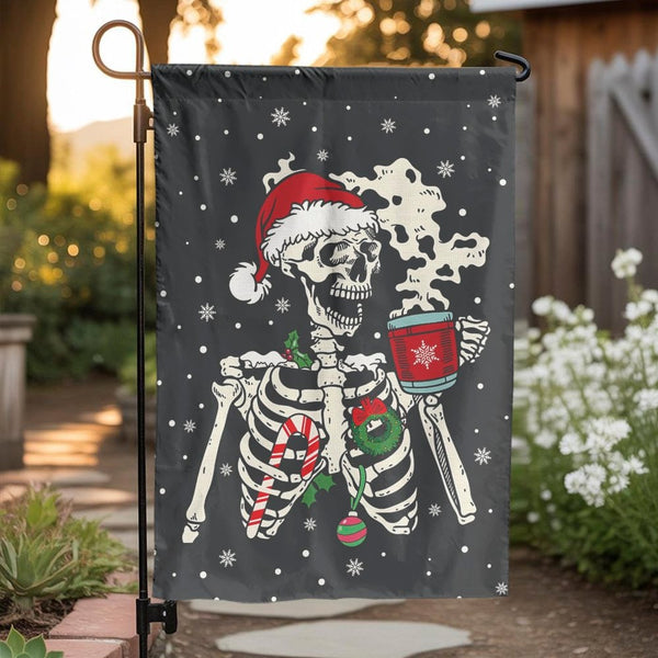 Santa Hat Gothic Xmas Yard Flag, Christmas Skeleton Garden Flag, Double Sided Holiday Outdoor Flag, Spooky Creepmas Garden De