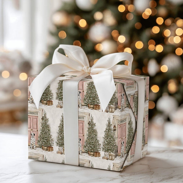 Pink Door Watercolor Dog Gift Wrap, Dalmatian Christmas Wrapping Paper, Dalmatian Holiday Wrapping Paper, Festive Winter Pres