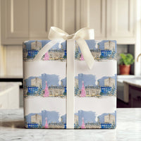 Watercolor Winter City Gift Wrap, Pink Christmas Tree Cityscape Wrapping Paper, Festive Street Holiday Wrapping Paper, Urban Gift Wrap Roll