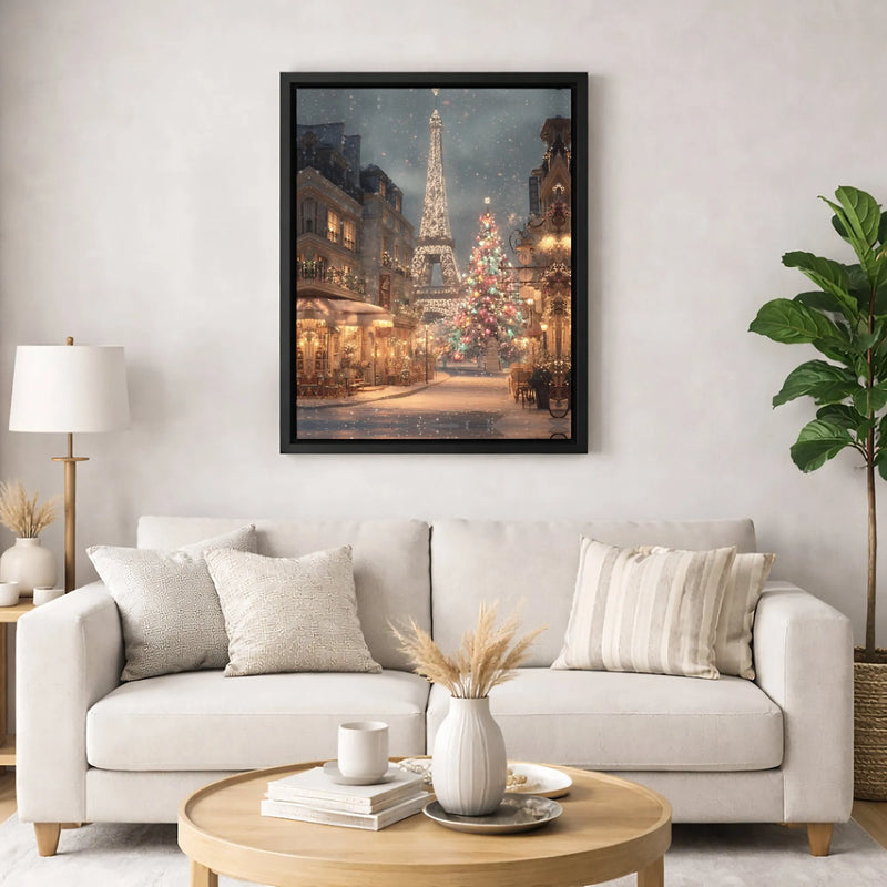 Winter Eiffel Tower Poster, Paris Christmas Canvas Wall Art, Snowy French Cityscape Print, Digital Download Holiday Home Decor
