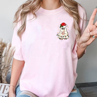 Holiday Pocket Graphic Tee, Adorable Christmas Ghost T-Shirt, Retro Spooky Season Christmas Shirt, Humorous Ghost Xmas Tree Graphic T-Shirt