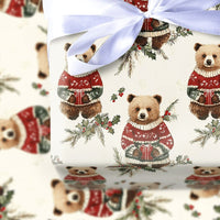 Adorable Sweater Bear Gift Wrap, Christmas Bear Wrapping Paper, Woodland Animal Holiday Wrapping Paper, Festive Winter Animal Gift Wrap Roll