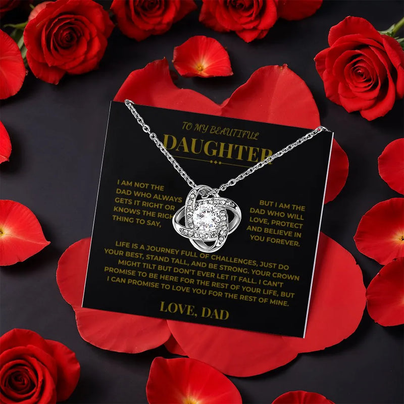 Sentimental Message Card Knot Necklace, Daughter Love Knot Necklace from Dad, CZ Crystal Pendant Necklace, Birthday Christmas Present for Her