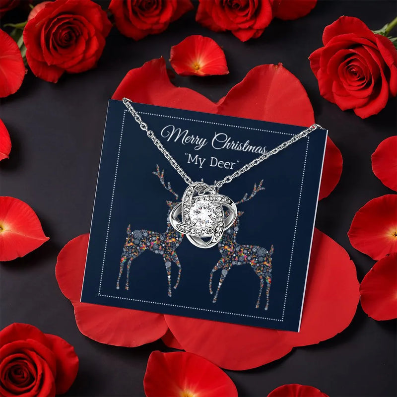 Holiday CZ Crystal Necklace, Merry Christmas My Deer Love Knot Necklace, Gold Pendant Necklace, Romantic Christmas Jewelry, Present for Her